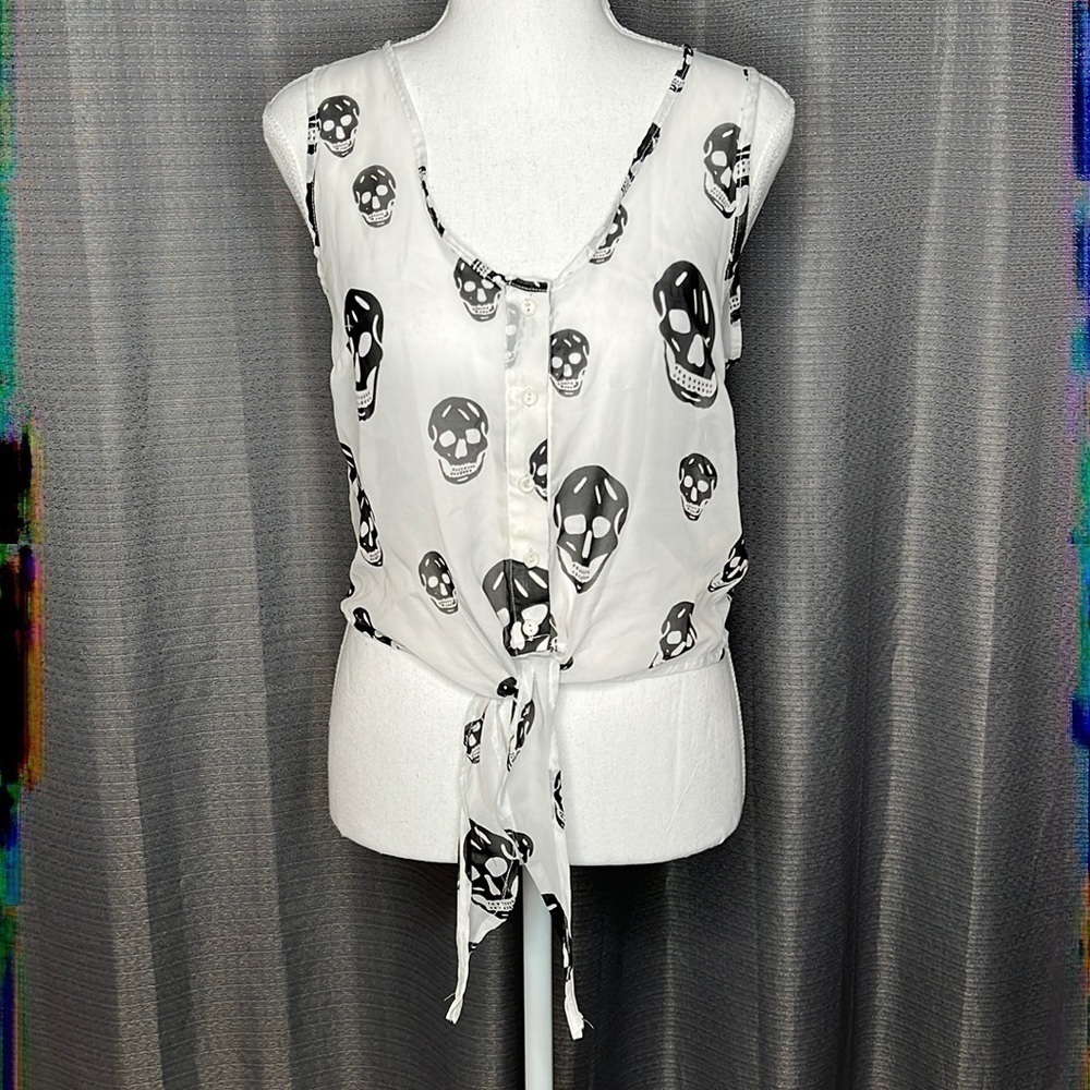 LAST KISS BLACK AND OFF WHITE SKULL SLEEVELESS TOP Small